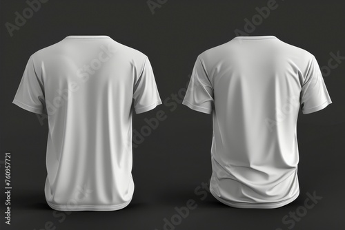 Two white t-shirts are displayed on a black background