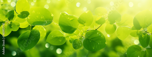 Luminous Green Leaves with Water Droplets in Sunlight