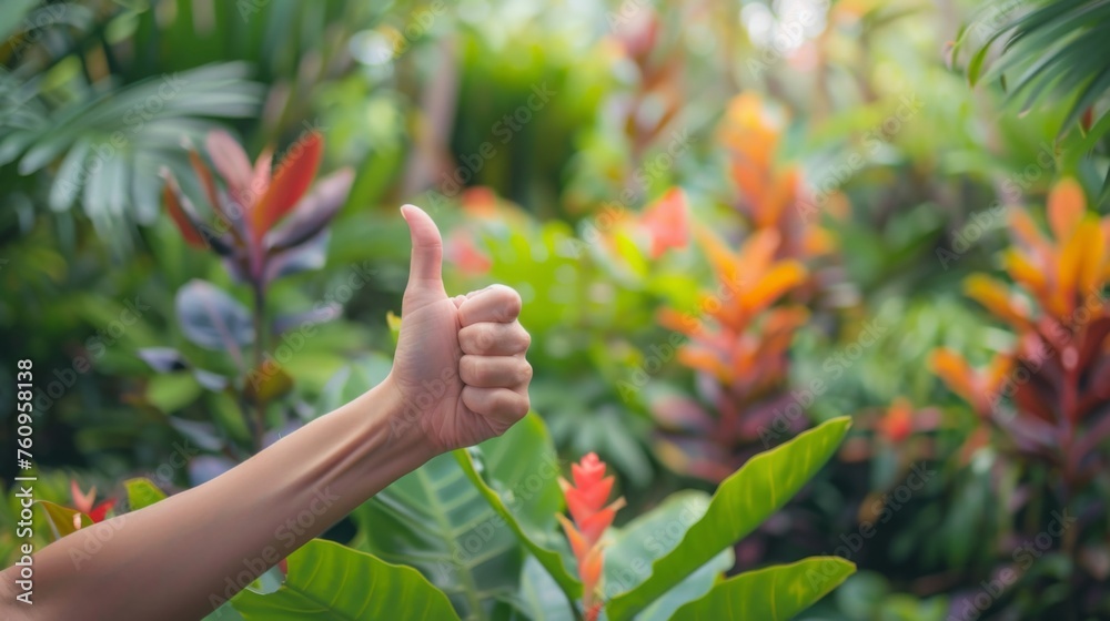 Thumbs up sign. Woman's hand shows like gesture. Botanical garden background Thumbs up sign. Woman's hand shows like gesture. Botanical garden background