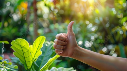 Thumbs up sign. Woman's hand shows like gesture. Botanical garden background © Jane Kelly