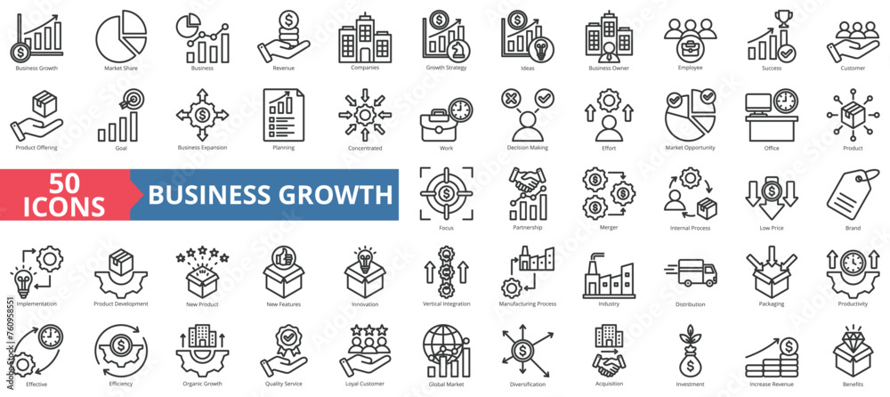 Business growth icon collection set. Containing market share, planning, revenue, decision making, strategy, idea, opportunity icon. Simple line vector
