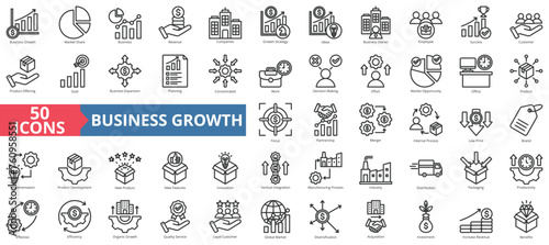 Business growth icon collection set. Containing market share, planning, revenue, decision making, strategy, idea, opportunity icon. Simple line vector
