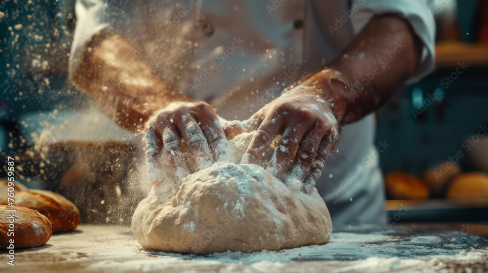 Close-up of a man's hands kneading dough, sprinkling flour, working in a bakery. Making bread. Kneading the dough. Food concept. Close-up of a man's hands kneading dough, sprinkling flour, working in a bakery. Making bread. Kneading the dough. Food concept.