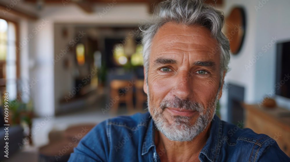 An adult man takes a selfie at home in casual clothes. Smiling gray-haired man with a phone having fun at home. An adult man takes a selfie at home in casual clothes. Smiling gray-haired man with a phone having fun at home.