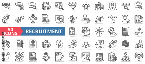 Recruitment icon collection set. Containing job search, interview, job fair, screening, short listed, employee icon. Simple line vector photo