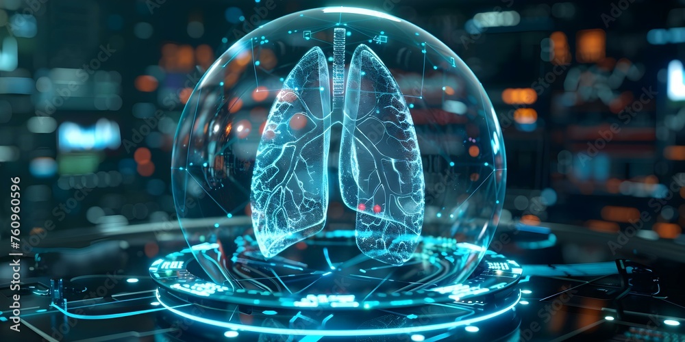 Fototapeta premium Cuttingedge lung health research in a futuristic medical setting. Concept Future Medicine, Innovative Research, Lung Health, Futuristic Technology, Medical Breakthroughs