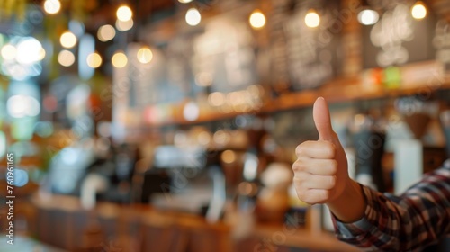 Thumbs up sign. Woman's hand shows like gesture. Cafe background