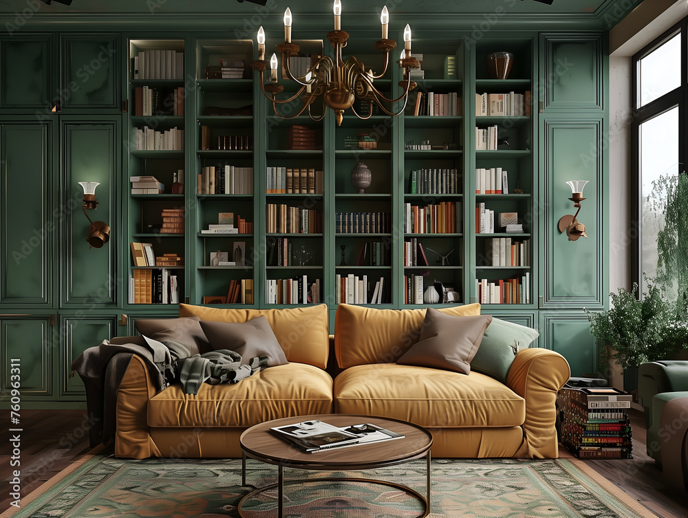 Modern interior design of the living room, with a sofa and coffee table in front of bookshelves. The walls feature green cabinets - obrazy, fototapety, plakaty 