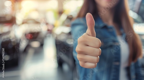 Thumbs up sign. Woman's hand shows like gesture. Car dealership background