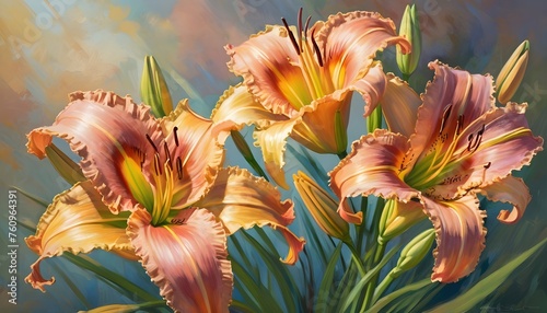 Hand-painted lilies. Decorative wallpaper with daylilies. photo