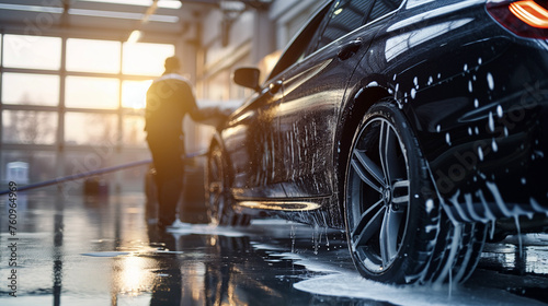 A luxurious black car receives a professional wash. Car wash service. Car washing and cleaning concept