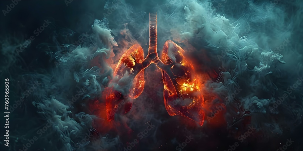 Visual Representation of Lung Damage Caused by Cancerous Smoke: Detailed Illustration. Concept Medical Illustration, Lung Cancer, Health Education, Smoke Damage, Detailed Graphic Visual Representation of Lung Damage Caused by Cancerous Smoke: Detailed Illustration. Concept Medical Illustration, Lung Cancer, Health Education, Smoke Damage, Detailed Graphic