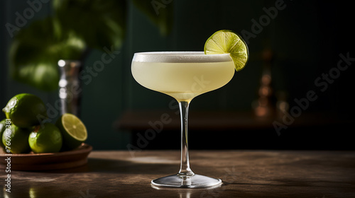 Classic alcoholic cocktail daiquiri with slice of lime on wooden bar counter.