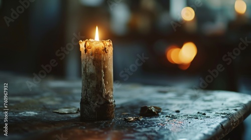 A burned-out candle on an otherwise bare table AI generated illustration