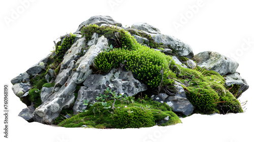 Green moss and rocks isolated on white background and texture