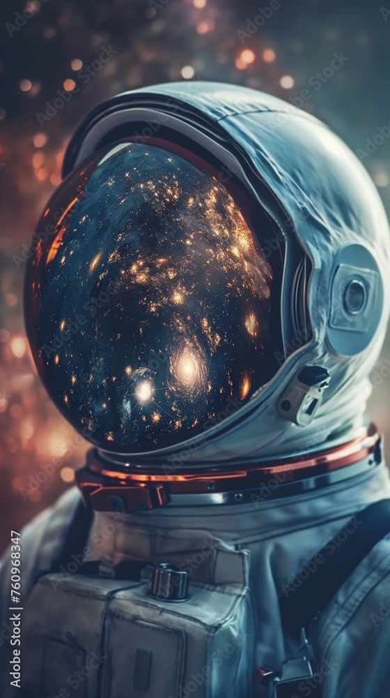 Close-up of an astronaut's mirrored helmet reflecting the mesmerizing spectacle of nebulae and celestial bodies in a cosmic ballet.