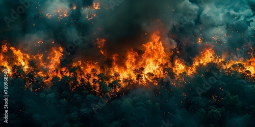 Overhead shot of burning forest trees symbolizing environmental crisis and pollution. Concept Environmental Crisis, Burning Forests, Pollution, Climate Change, Nature Destruction