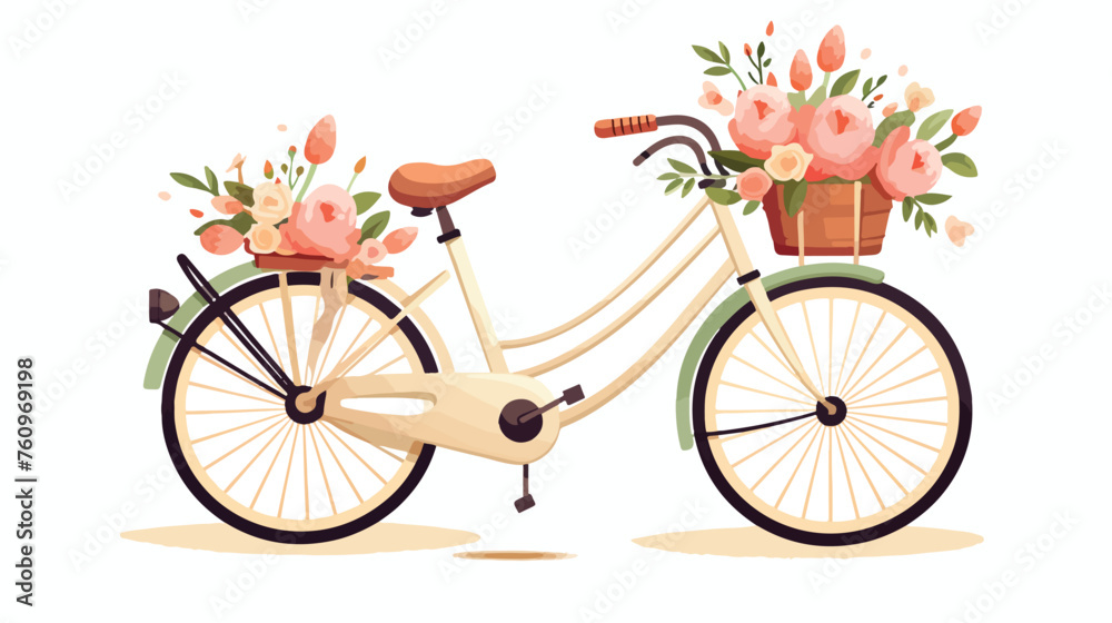 Vintage bicycle with a bouquet of flowers in the ba