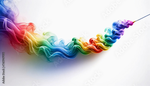A swirling line of rainbow-colored smoke gently wafting across the screen with a paintbrush on the right photo