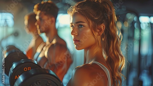 side view of sporty attractive woman and handsome muscular man lifting weights in the gym  photo