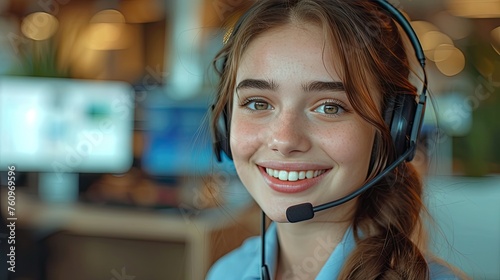 smiling friendly female call center agent with headset working on support hotline in the office 