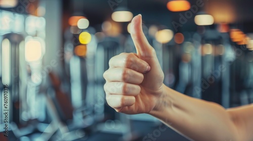 Thumbs up sign. Woman's hand shows like gesture. Gym background