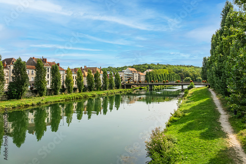 Beautiful view of the banks of the Seine River in the city of. Melun, Seine-et-Marne department, France. 
