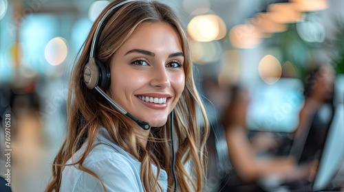 smiling customer service executive with headset working in call center 