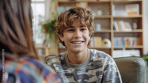 smiling teenage boy talking with mental health professional while sitting on chair in school office 