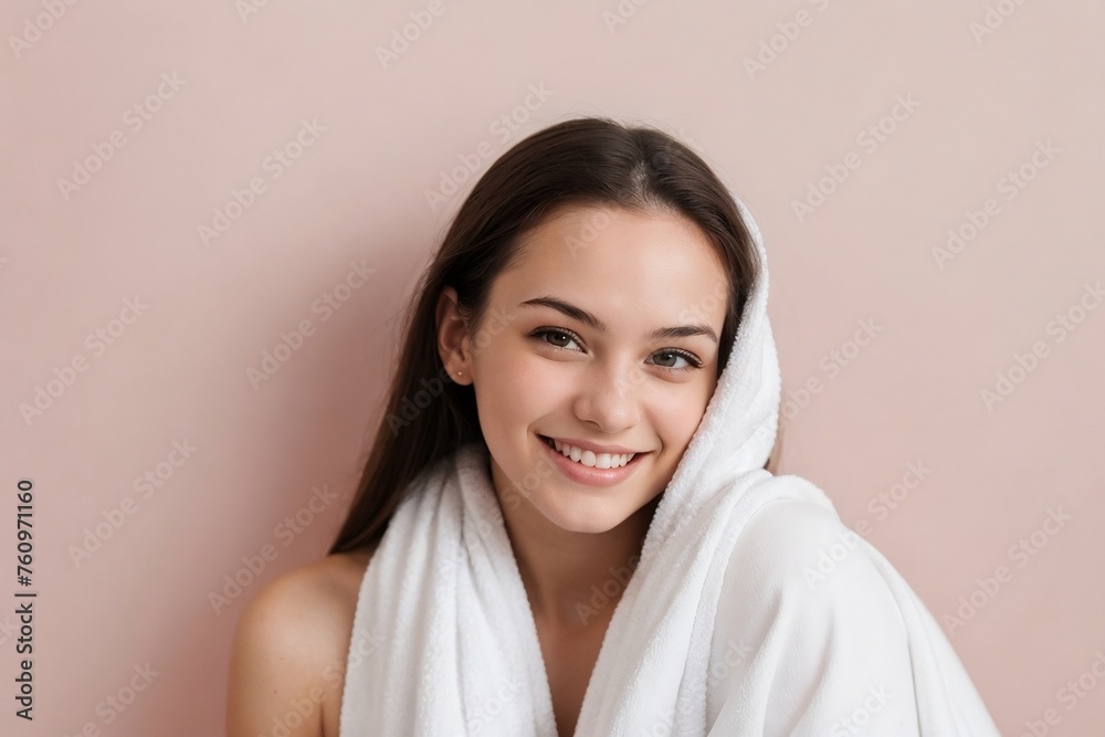 Beautiful young woman with a towel on a smooth pink background with copy space. Beautiful young woman with a towel on a smooth pink background with copy space.