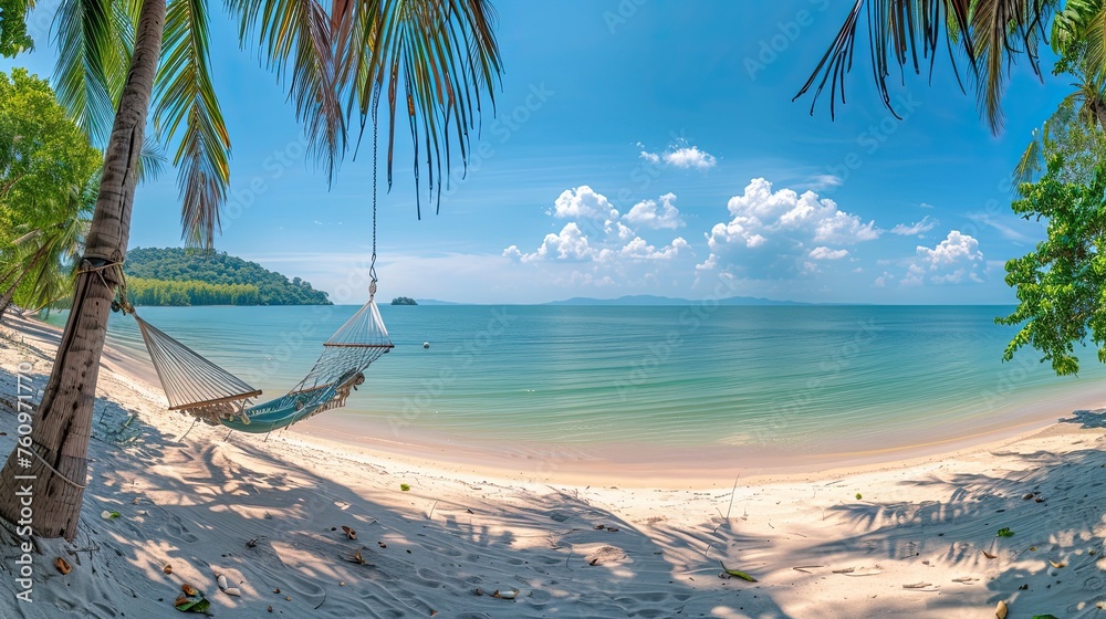 tropical beach panorama as summer relax landscape with beach swing or hammock hang on palm tree over white sand ocean beach 