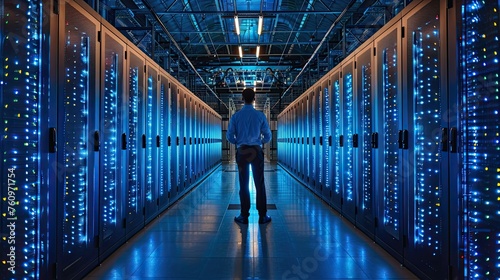 rear view of successful data center it specialist checking cloud servers while working as system administrator for cyber security 