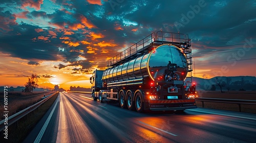 rear view of big metal fuel tanker truck in motion shipping fuel to oil refinery against sunset sky 