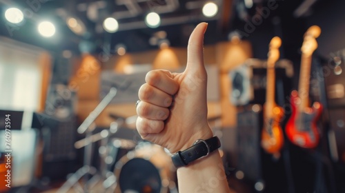Thumbs up sign. Woman's hand shows like gesture. Music studio background