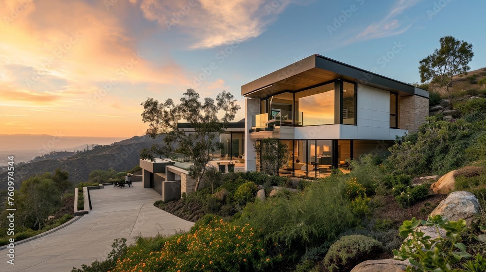 Obraz premium A contemporary hillside home with panoramic views and modern design AI generated illustration