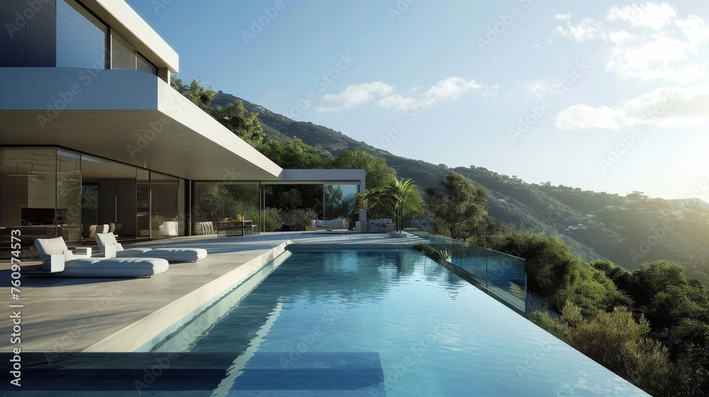 Fototapeta premium A contemporary hilltop residence with a minimalist design and infinity pool AI generated illustration
