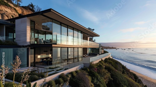 A contemporary beach house with expansive glass walls and oceanfront views AI generated illustration