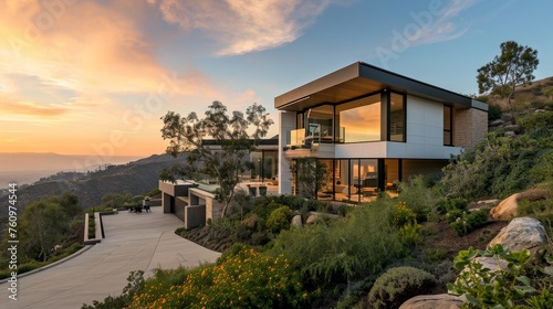 A contemporary hillside home with panoramic views and modern design  AI generated illustration © ArtStage