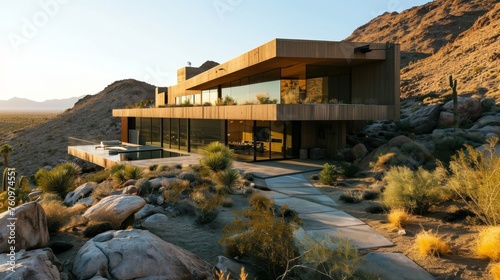 A contemporary desert home designed to blend seamlessly with the arid landscape AI generated illustration