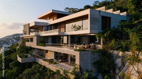 A contemporary hillside house with multiple levels and terraces overlooking nature  AI generated illustration © ArtStage