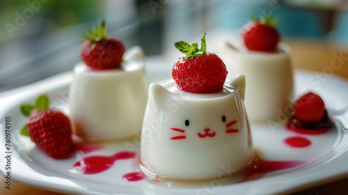 Delicious white gelatin desserts in the shape of a cat decorated with fresh strawberries and red fruit sauce. Cat-shaped pudding