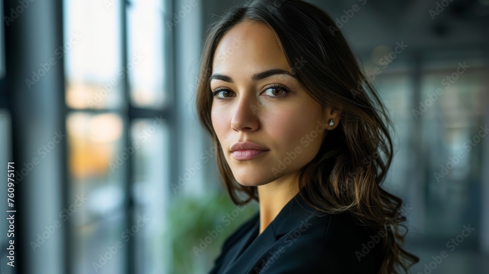 A determined businesswoman poised in an office setting exuding professionalism and ambition through her focused expression  AI generated illustration