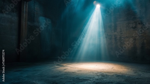 A dimly lit room with a single spotlight in the center AI generated illustration