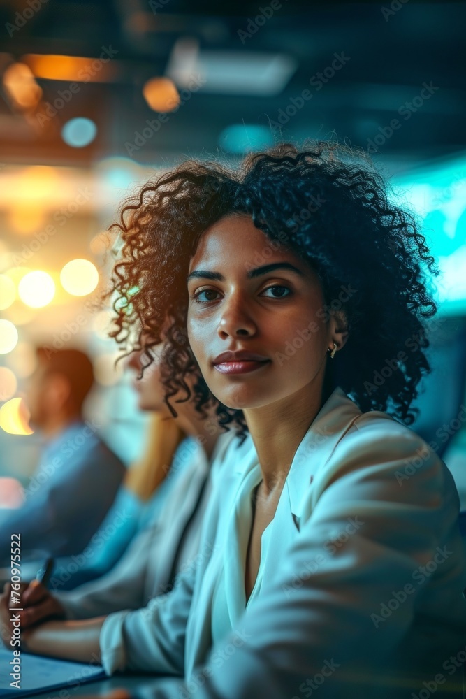 Fototapeta premium A female business professional depicted in a collaborative setting exuding professionalism and teamwork emblematic of adeptness in collaboration AI generated illustration