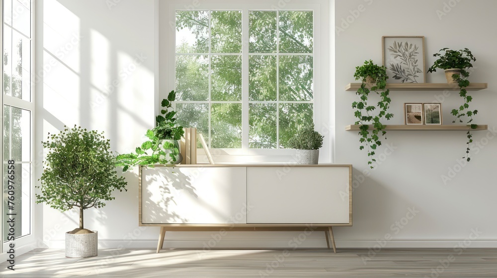 The Harmonious Blend of a White Room, Functional Shelving, and Serene Landscape Through the Window in Scandinavian Style