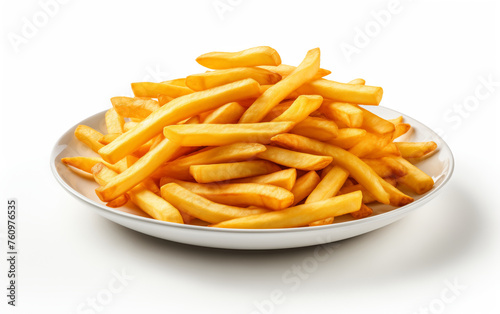 Plate of French fries on white background