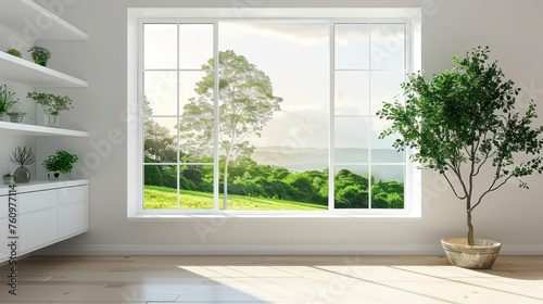 The Calm of a Scandinavian-Designed White Room with Shelf Storage and a View of the Verdant Outdoors © Godam