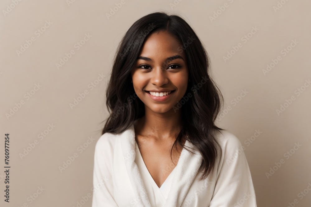 Beautiful young black woman with a towel on a beige background with copy space. Beautiful young black woman with a towel on a beige background with copy space.