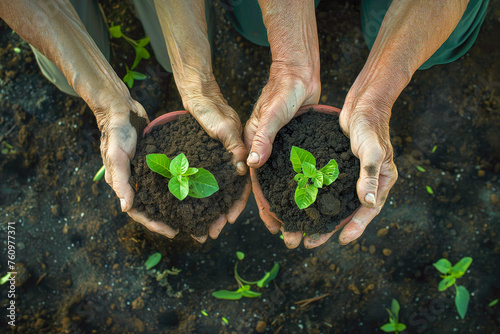 people planting a tree. Preservation of the environment, ecology. Breathing fresh air. People taking care of the environment. Sustainability.