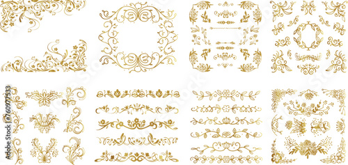Gold vintage frames. Set of Decorative borders set, floral ornament, Vector antique decor